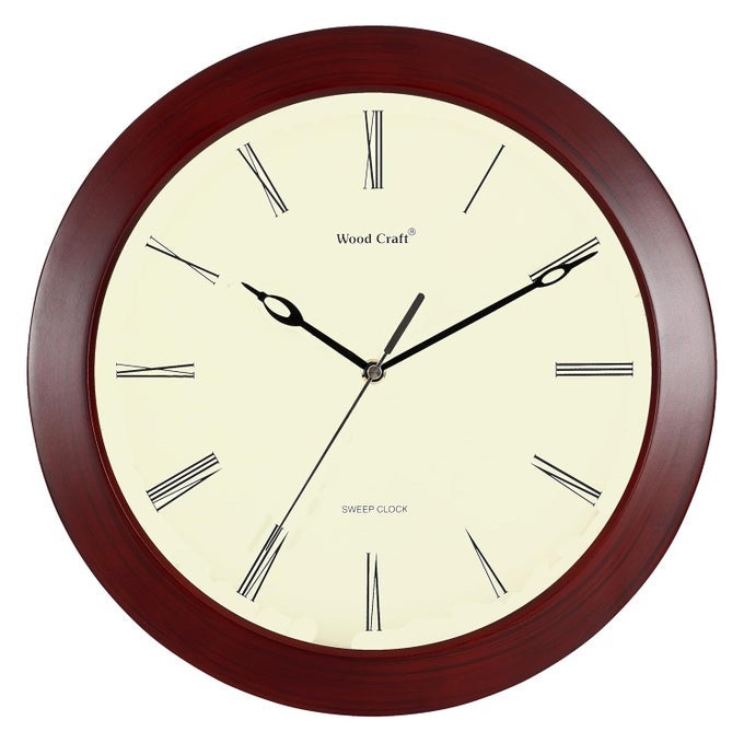 DESIGNER WOODEN WALL ANALOG CLOCK CURVED GLASS SLIM FRAME SILENT SWEEP QUARTZ MECHANISM NOISELESS 13 INCHES DIAMETER MEDIUM DARK BROWN FRAMEIVORY DIAL MODEL WS2311