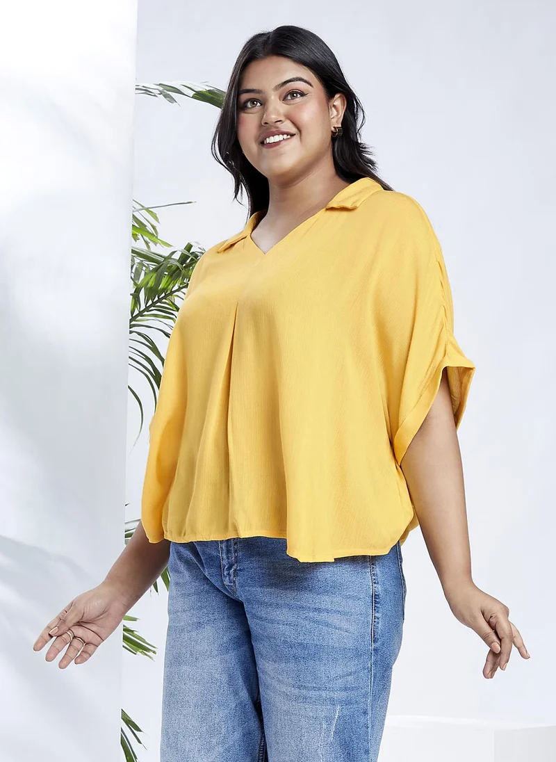 globus Globus Gloplus Women Yellow Collared V-Neck Extended Sleeves Self Design Plus Size Top