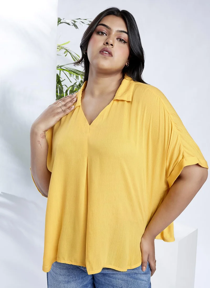 globus Globus Gloplus Women Yellow Collared V-Neck Extended Sleeves Self Design Plus Size Top