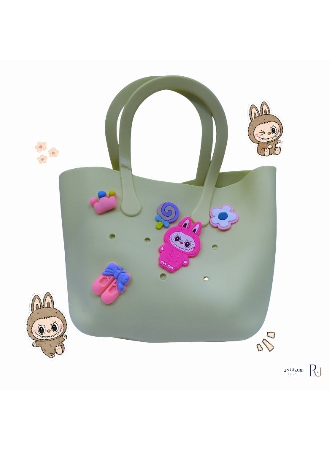 Butter Yellow Silicone Tote Bag with Labubu Character & Cute Charms