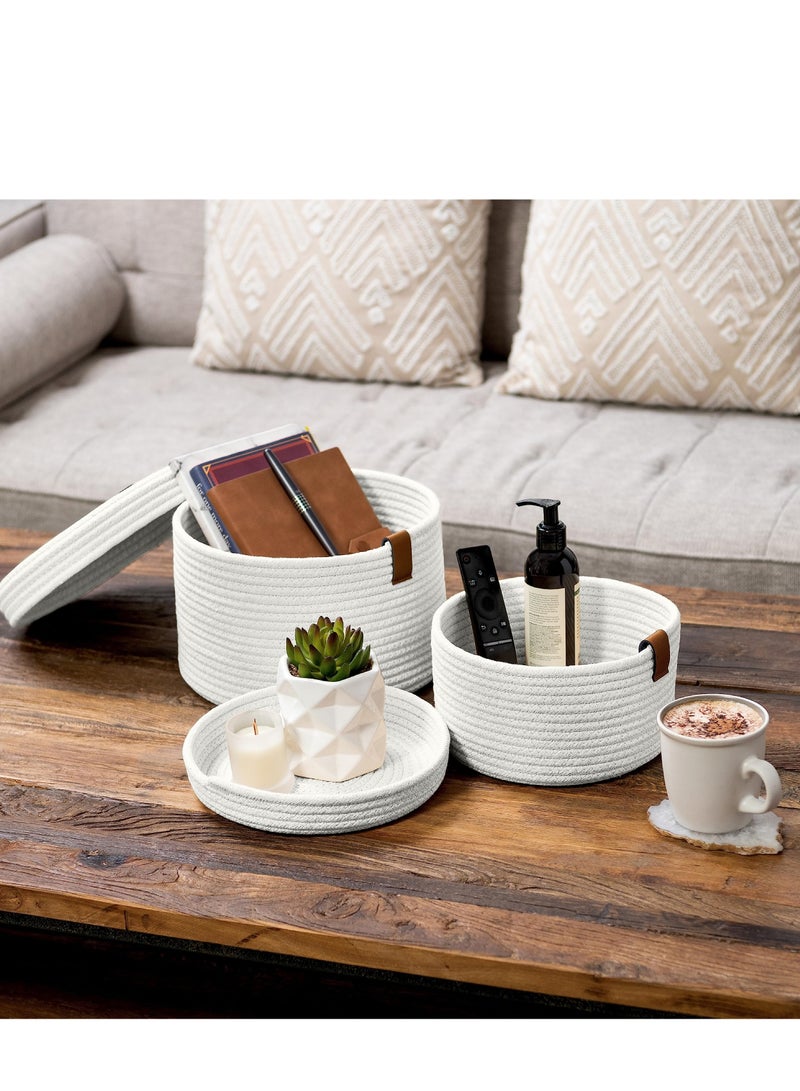 SYOSI 2 PCS Round Cotton Rope Storage Basket with Lid, Decorative Woven Storage Containers Washable Organizer Box Container for Snacks, Towels, Plants, Leather Handle Design(White)  - Image 5