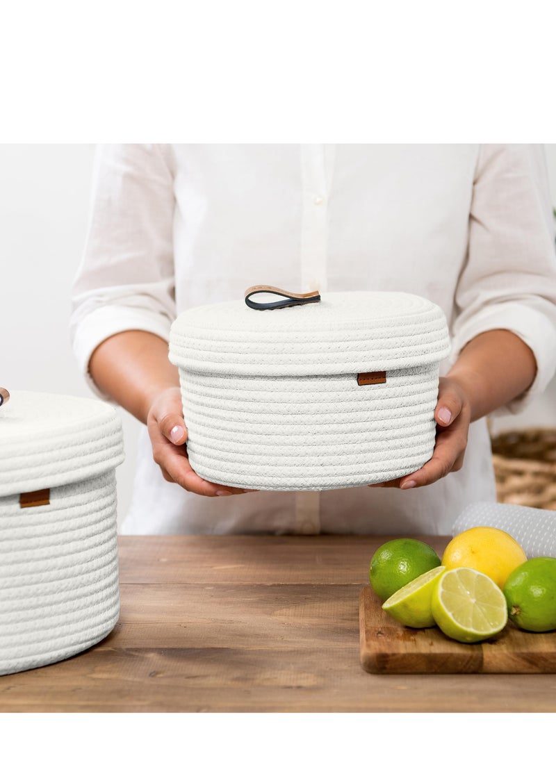 SYOSI 2 PCS Round Cotton Rope Storage Basket with Lid, Decorative Woven Storage Containers Washable Organizer Box Container for Snacks, Towels, Plants, Leather Handle Design(White)  - Image 4