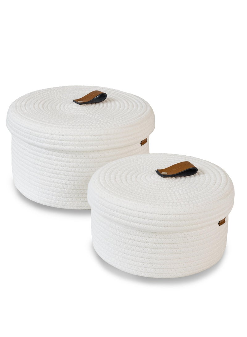 SYOSI 2 PCS Round Cotton Rope Storage Basket with Lid, Decorative Woven Storage Containers Washable Organizer Box Container for Snacks, Towels, Plants, Leather Handle Design(White)  - Image 1