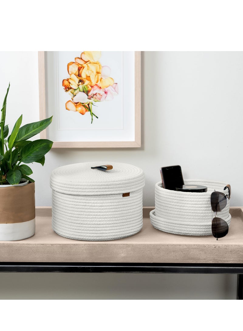 SYOSI 2 PCS Round Cotton Rope Storage Basket with Lid, Decorative Woven Storage Containers Washable Organizer Box Container for Snacks, Towels, Plants, Leather Handle Design(White)  - Image 2