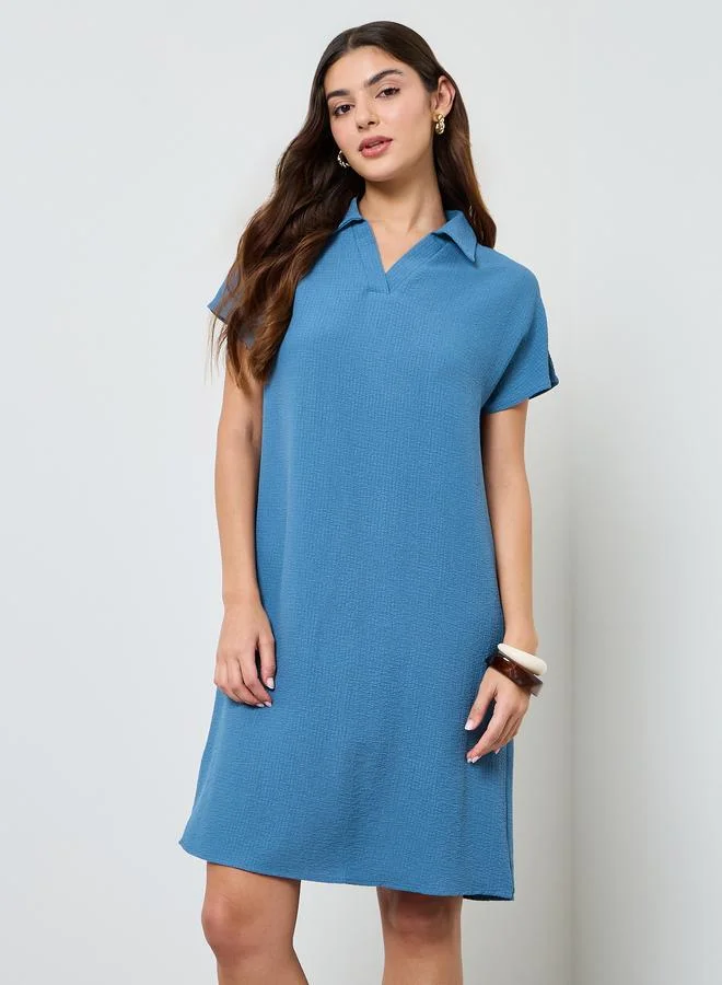 تايك تو Blue Open Collar Knee Length Dress