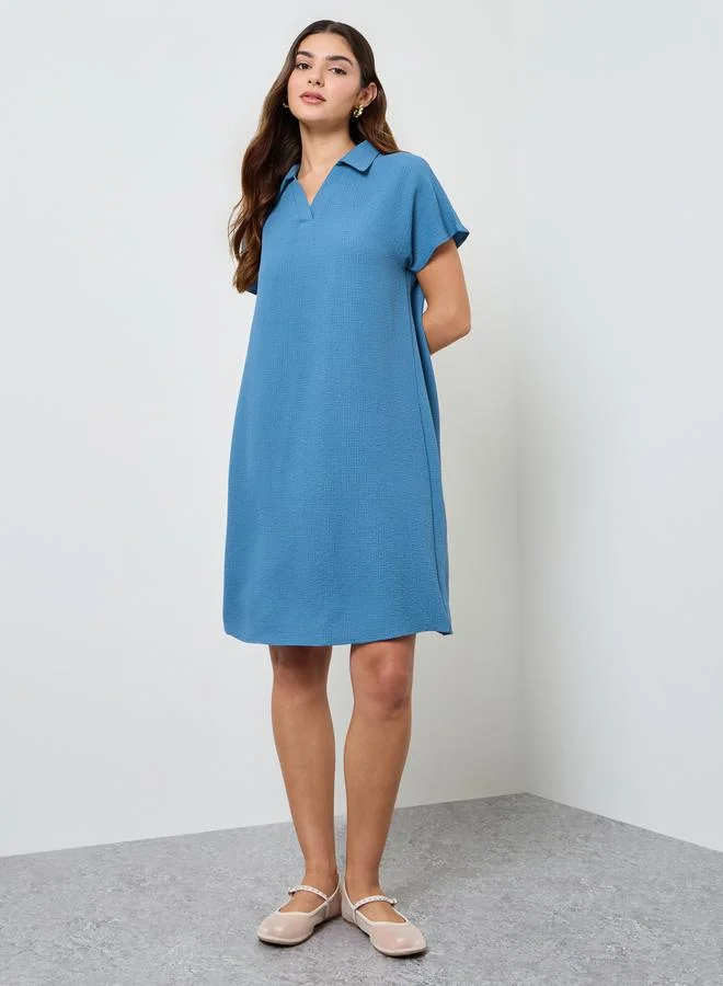 تايك تو Blue Open Collar Knee Length Dress