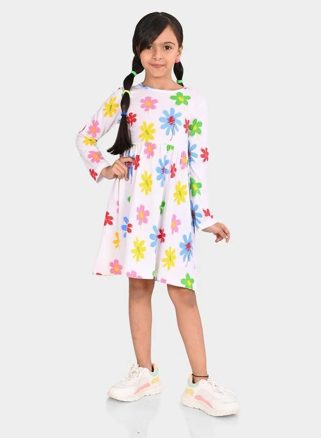 Bonkids Girl's White & Multicolour 100% Cotton Printed Regular Fit Dress