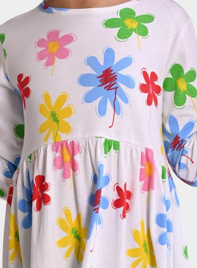 Bonkids Girl's White & Multicolour 100% Cotton Printed Regular Fit Dress