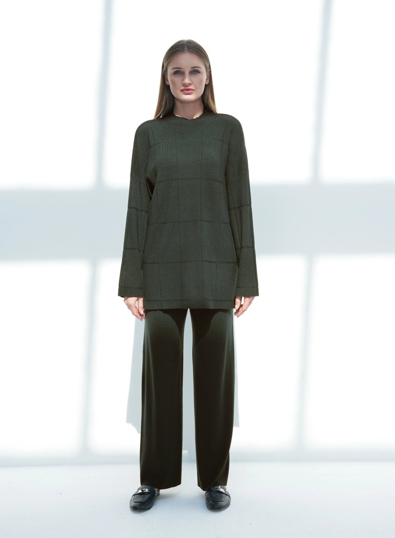 Andy 2316 | Women's Premium Knitwear Two-Piece Set – Long-Sleeve High-Neck Tunic Top with Relaxed Wide-Leg Trousers | Elegant & Versatile Outfit for Everyday Comfort and Style | Army Green