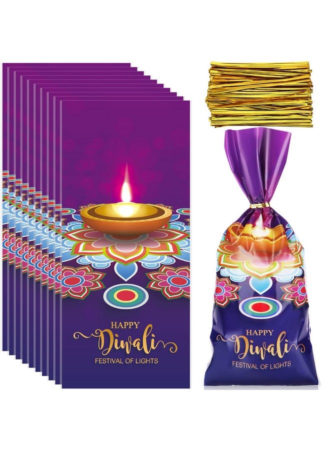 Teling 100 Pieces Happy Diwali Cellophane Bags Festival Of Lights Candy Bags Diwali Party Favor Bags Goodie Bags Treat Bags With 150 Pieces Gold Twist Ties For Indian Diwali Festival Of Lights Party - Image 1
