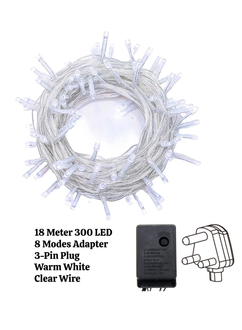 يوويل 18 متر 300 أضواء LED سلسلة أضواء الديكور الضوء الأبيض الدافئ 8 أوضاع LED ضوء سلك واضح لديكورات المنزل أضواء رمضان ديكور داخلي وخارجي رمضان ضوء الديكور أضواء ديوالي أضواء الستار مع قابس المملكة المتحدة 3 دبوس - Image 2
