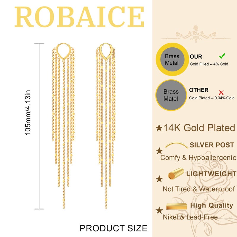 Robaice Long Gold Dangle Earrings for Women, 14K Gold Plated Tassel Chain Chandelier Earrings, Hypoallergenic Bride Party Prom Jewelry Gifts for Women - Image 3