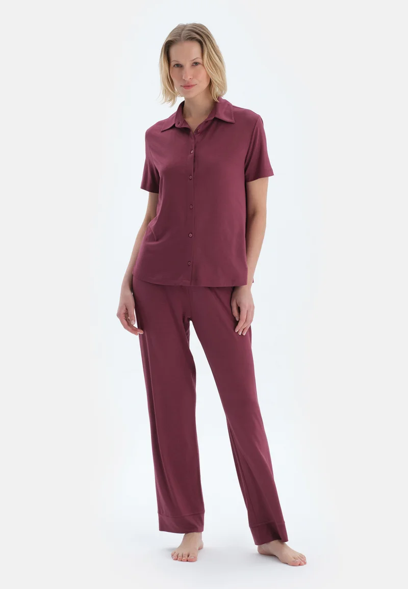 dagi Regular/Classic Fit Shirt & Trousers Pajama Sets Spread Collar Viscose Blend Sleepwear