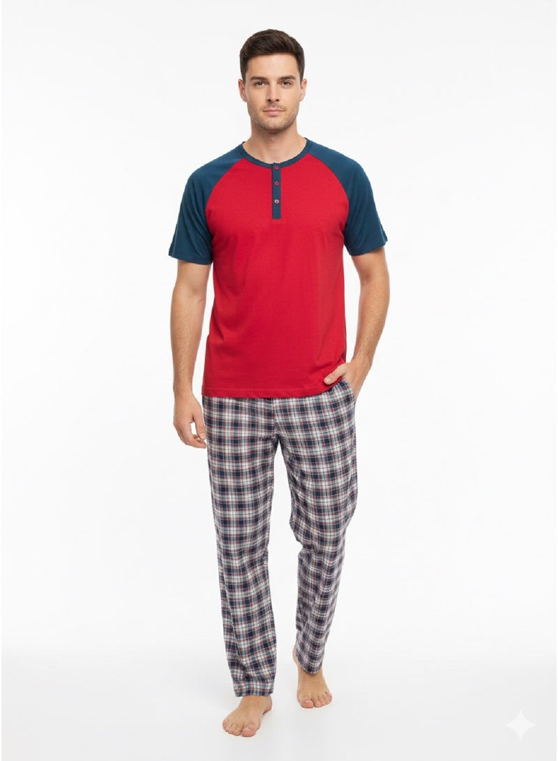 Jet Men Summer Pajama Set Half Sleeve V Neck & Checkered Pants