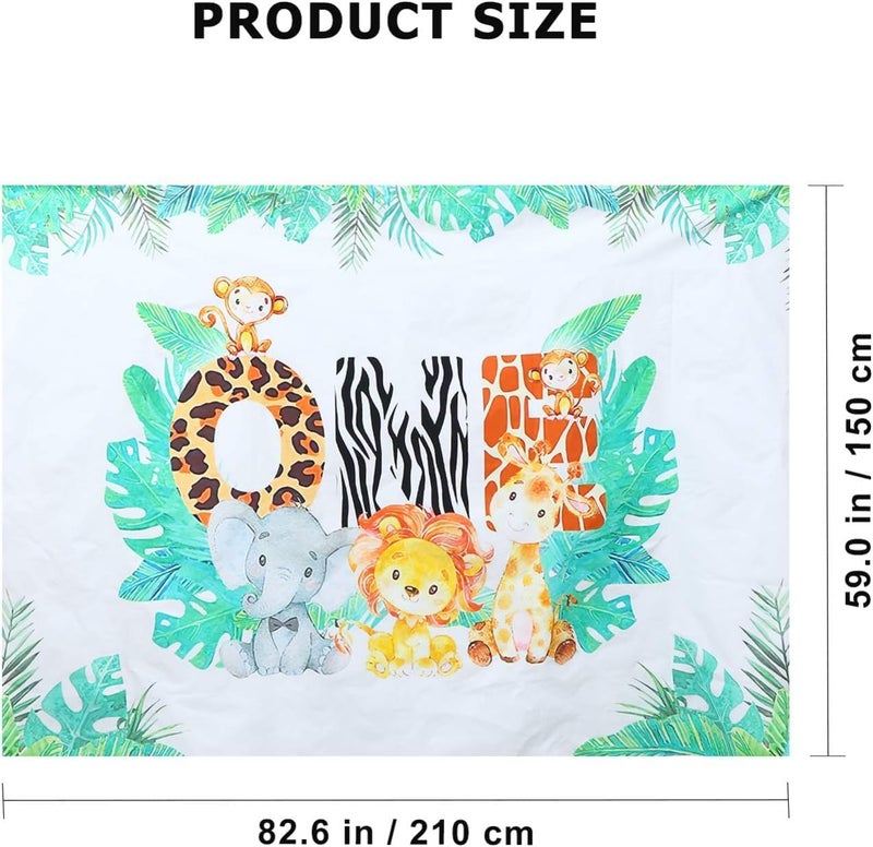 ARS Baby Birthday Backdrop One Birthday Photography Background Wild Jungle Animals Background Banner Sign Photo Booth for Newborn Baby Shower Party Home Studio, size: 210 x 150 cm - Image 3