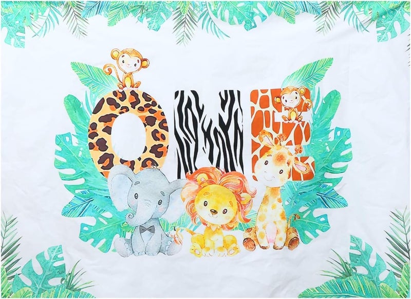 ARS Baby Birthday Backdrop One Birthday Photography Background Wild Jungle Animals Background Banner Sign Photo Booth for Newborn Baby Shower Party Home Studio, size: 210 x 150 cm - Image 1