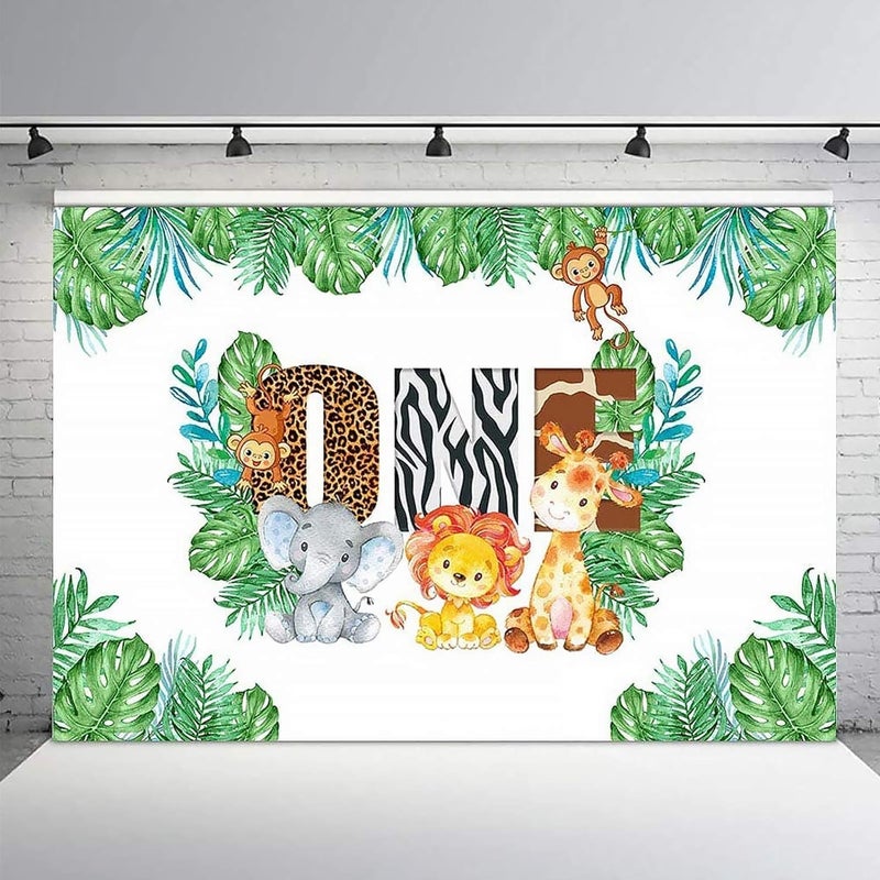 ARS Baby Birthday Backdrop One Birthday Photography Background Wild Jungle Animals Background Banner Sign Photo Booth for Newborn Baby Shower Party Home Studio, size: 210 x 150 cm - Image 2