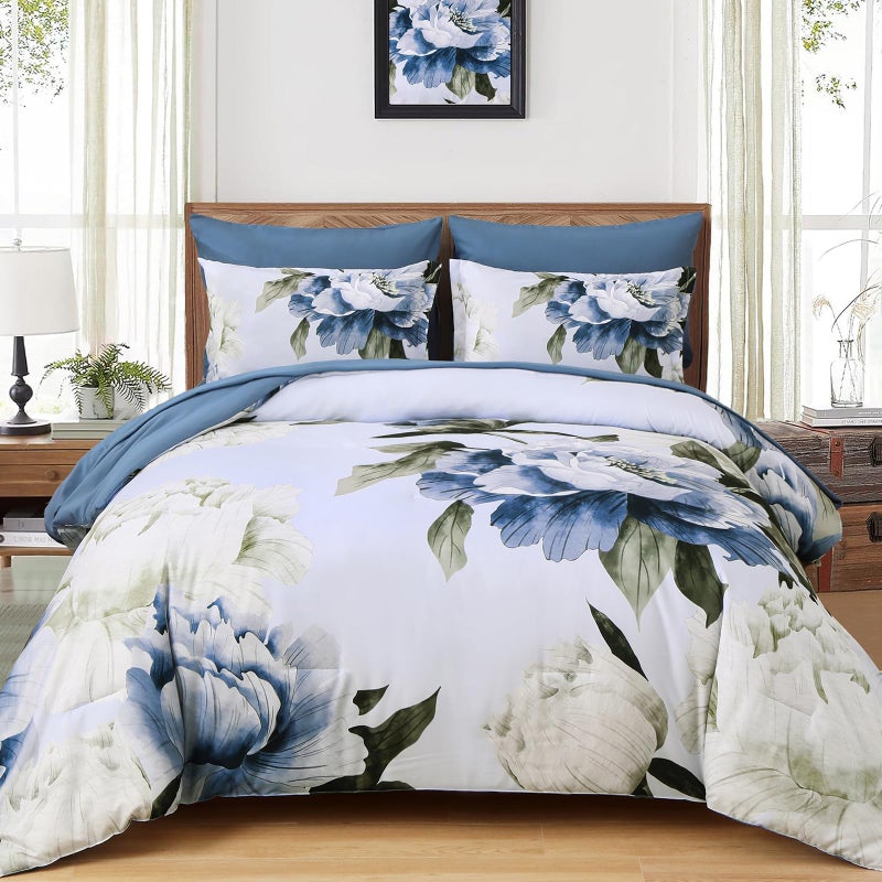 Dobuyly Blue Queen Comforter Set 7 Piece Bed in a Bag Queen, Blue Floral Print on Light Blue Comforter Set with Sheets, Soft Microfiber Complete Bedding Set for All Season - Image 1