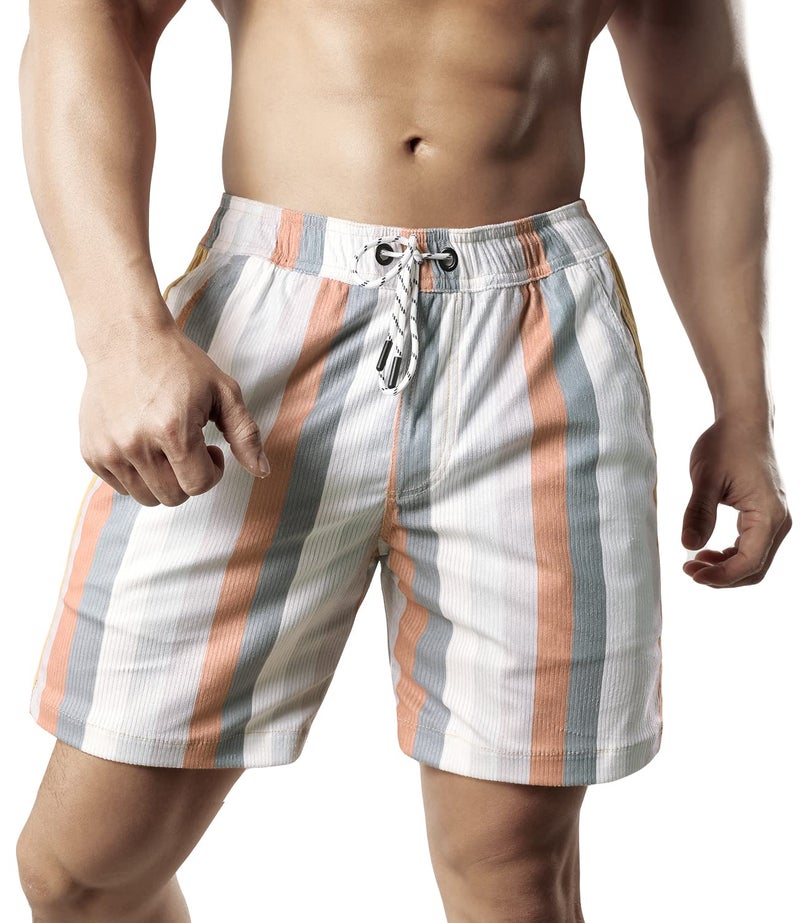 JOTOOK Men's Casual Drawstring Corduroy Shorts Elastic Waist Summer Shorts with Pocket Printed Short Medium Grey White Stripe - Image 2