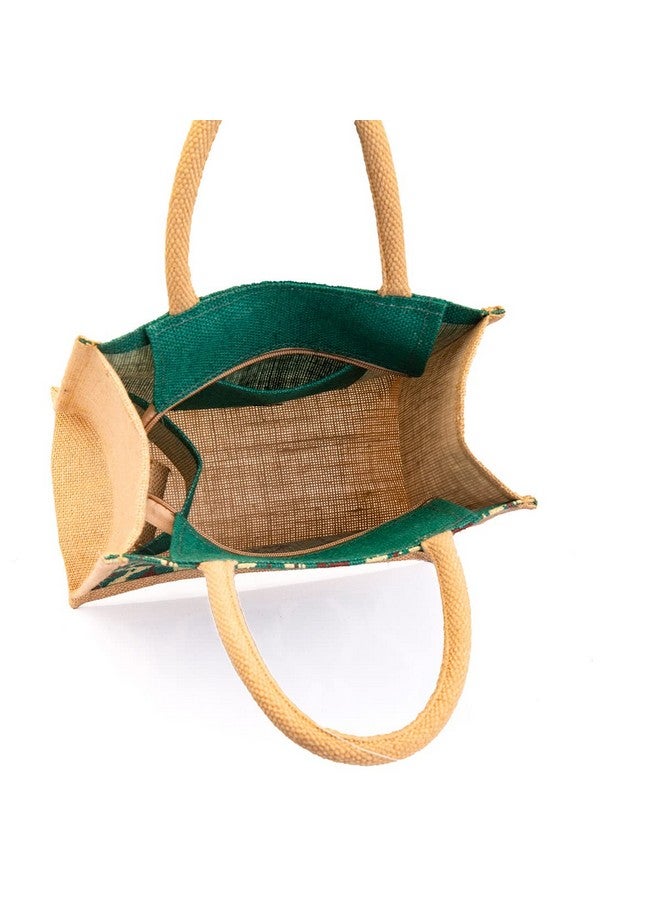 H&B Jute Lunch Bag - Ikat Print (Natural & Green) - Travel Bag with Bottle Holder - For Men, Women & Girls - Image 3