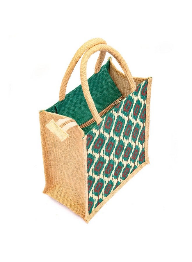 H&B Jute Lunch Bag - Ikat Print (Natural & Green) - Travel Bag with Bottle Holder - For Men, Women & Girls - Image 2