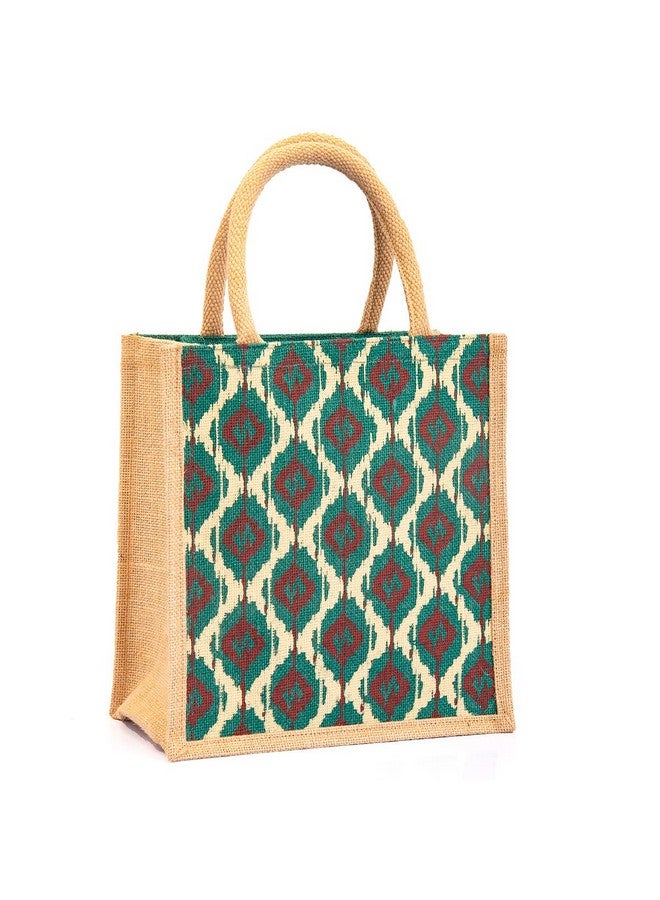 H&B Jute Lunch Bag - Ikat Print (Natural & Green) - Travel Bag with Bottle Holder - For Men, Women & Girls - Image 1
