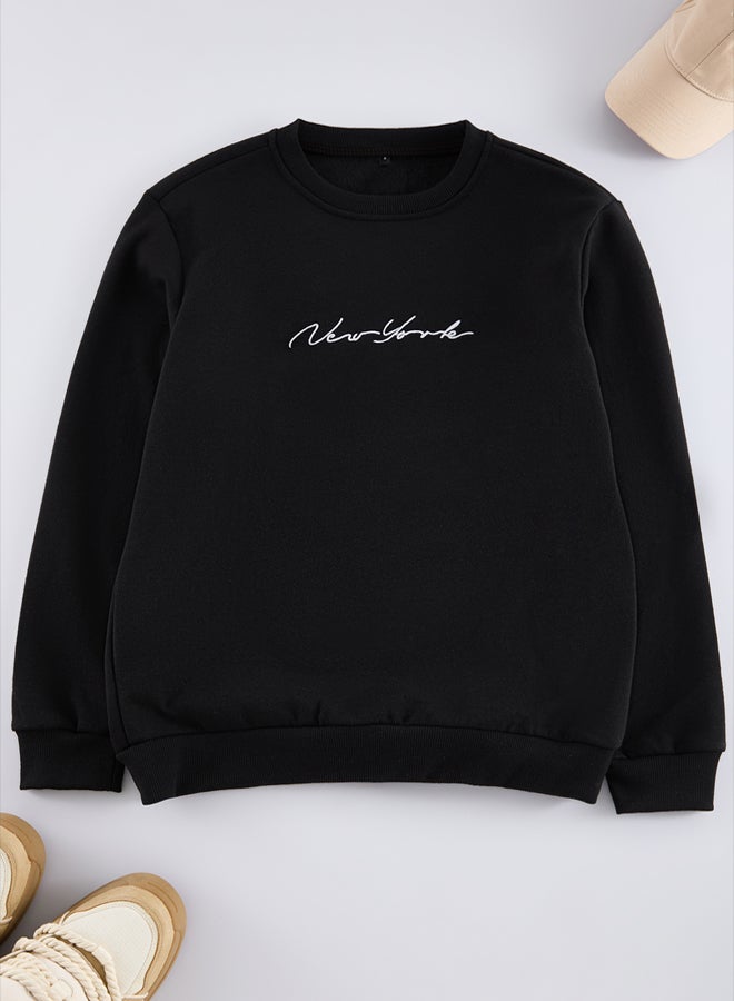 trendyol Black 100% Cotton Regular/Normal Cut Embroidered Inside Polar Fleece/Warm Sweatshirt - Image 2