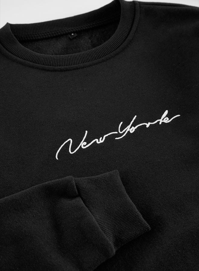 trendyol Black 100% Cotton Regular/Normal Cut Embroidered Inside Polar Fleece/Warm Sweatshirt - Image 3