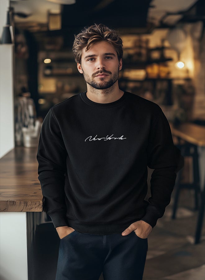 trendyol Black 100% Cotton Regular/Normal Cut Embroidered Inside Polar Fleece/Warm Sweatshirt - Image 1