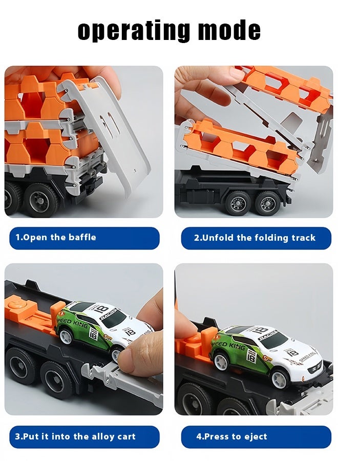 لعبة شاحنة سباق، مسار منزلق، موقف سيارات، لعبة شاحنة مع فتحات ومسارات سباق قابلة للطي، لعبة حاملة سيارة نقل للأطفال الصغار، لعبة سيارات، سيارة سكة حديد قابلة للطي مع 50 قطعة من سيارات السبائك، مجموعة ألعاب للأطفال من 3 سنوات فما فوق - Image 5