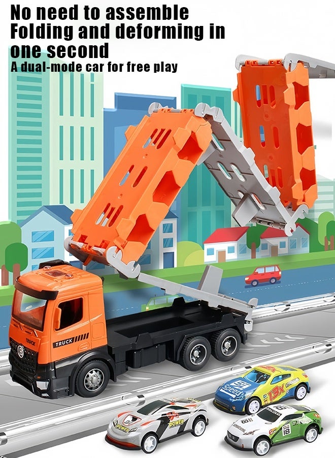 لعبة شاحنة سباق، مسار منزلق، موقف سيارات، لعبة شاحنة مع فتحات ومسارات سباق قابلة للطي، لعبة حاملة سيارة نقل للأطفال الصغار، لعبة سيارات، سيارة سكة حديد قابلة للطي مع 50 قطعة من سيارات السبائك، مجموعة ألعاب للأطفال من 3 سنوات فما فوق - Image 4
