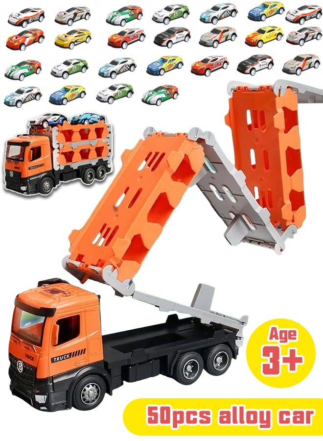 لعبة شاحنة سباق، مسار منزلق، موقف سيارات، لعبة شاحنة مع فتحات ومسارات سباق قابلة للطي، لعبة حاملة سيارة نقل للأطفال الصغار، لعبة سيارات، سيارة سكة حديد قابلة للطي مع 50 قطعة من سيارات السبائك، مجموعة ألعاب للأطفال من 3 سنوات فما فوق - Image 1
