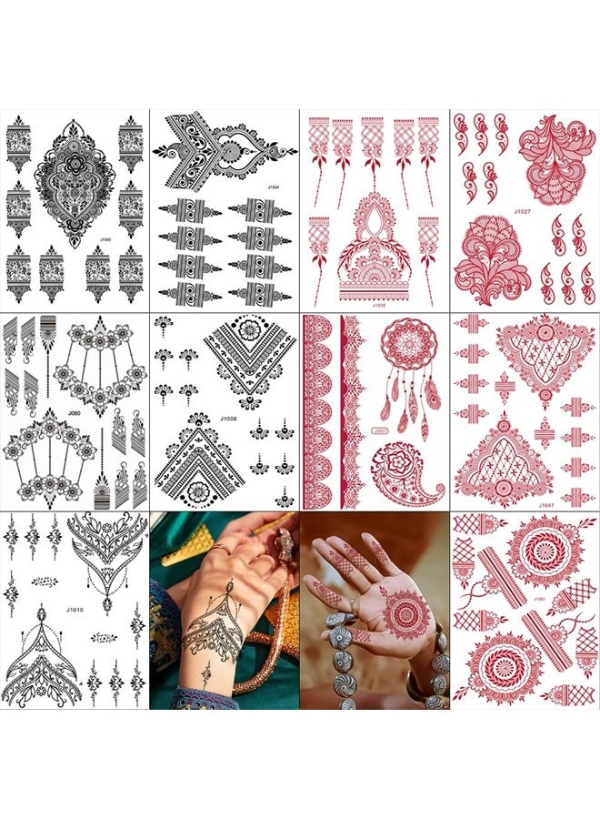 PPVWEY 10 Sheets Henna Tattoos Temporary Henna Stickers 5Pcs Red + 5Pcs Black Tattoo Stickers Women Body Art Stickers for Wedding Party (5 Red+5 Black) - Image 1