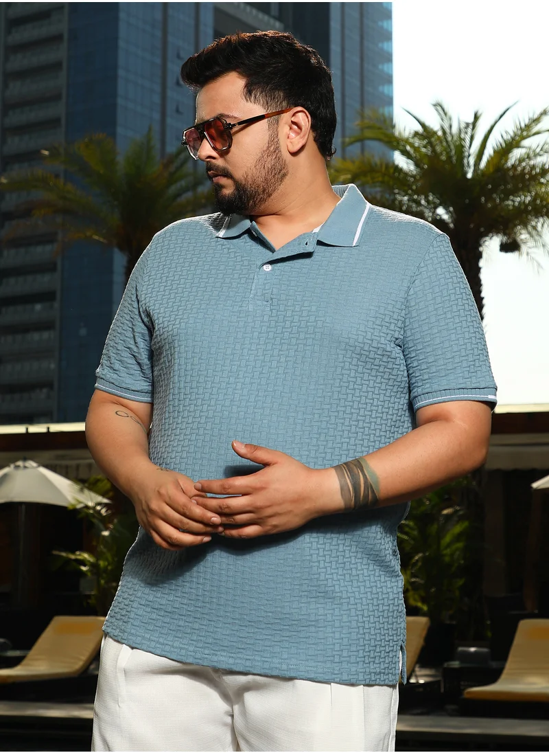 انستافاب بلس Instafab Plus Men's Blue Interweave-Textured Polo T-Shirt For Casual Wear | Polo Neck | Short Regular Sleeves | Half-Button Closure | Plus Size T-Shirt Crafted With Comfort Fit For Everyday Wear
