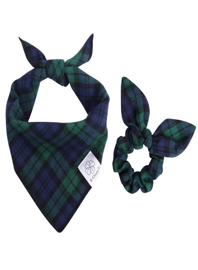 E-Clover Christmas Dog Bandanas Boy & Matching Scrunchie Set Plaid Dog Scarf Kerchief for Medium Large Dog Pet Bandana Owner Gifts Blue Green Fall - Image 1