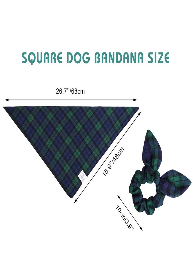 E-Clover Christmas Dog Bandanas Boy & Matching Scrunchie Set Plaid Dog Scarf Kerchief for Medium Large Dog Pet Bandana Owner Gifts Blue Green Fall - Image 4