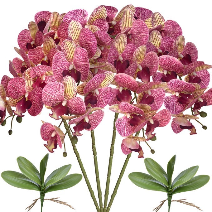32 ARTIFICIAL PHALAENOPSIS FLOWERS 4 PCS WITH 2 BUNDLES LEAVES ARTIFICIAL ORCHID FLOWERS STEM PLANTS FAKE BUTTERFLY PHALAENOPSIS FLOWERS FOR HOME WEDDING PARTY DCOR PURPLE DAPPLE