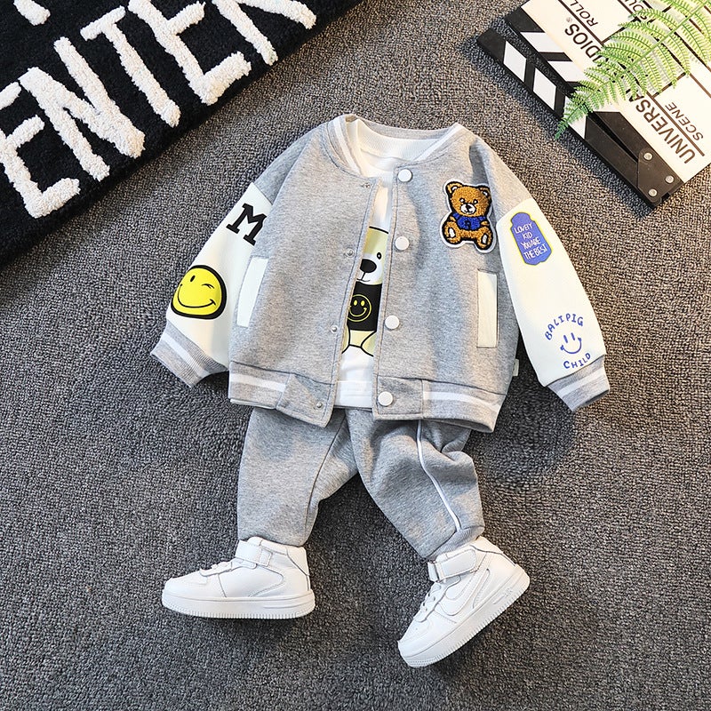 Boys Trendy Casual Baseball Suit Set Spring 2024 Kids Gray embroidered towel baseball suit three-piece set