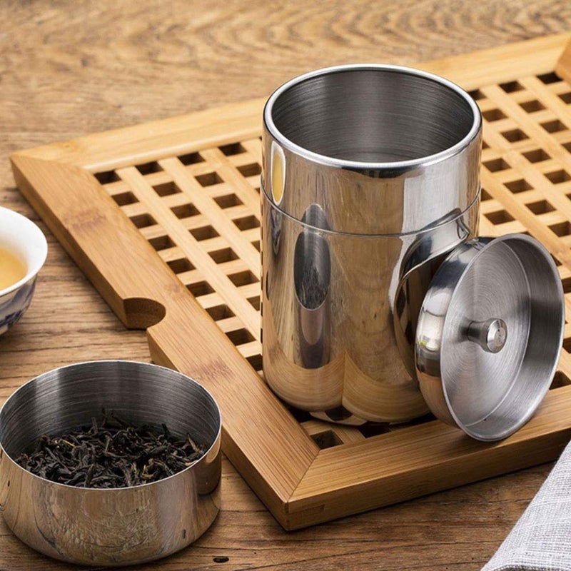 BORDSTRACT Tea Tin Canister with Airtight Double Lids, Tea Container for Loose Tea and Tea Bags 304 Stainless Steel (400ML) - Image 1