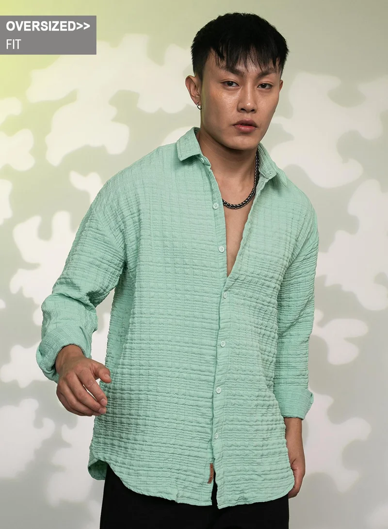 Campus Sutra Campus Sutra Men's Mint Green Box-Textured Oversized Shirt For Casual Wear | Spread Collar | Long Sleeve | Button Closure | Oversized Shirt Crafted With Comfort Fit For Everyday Wear