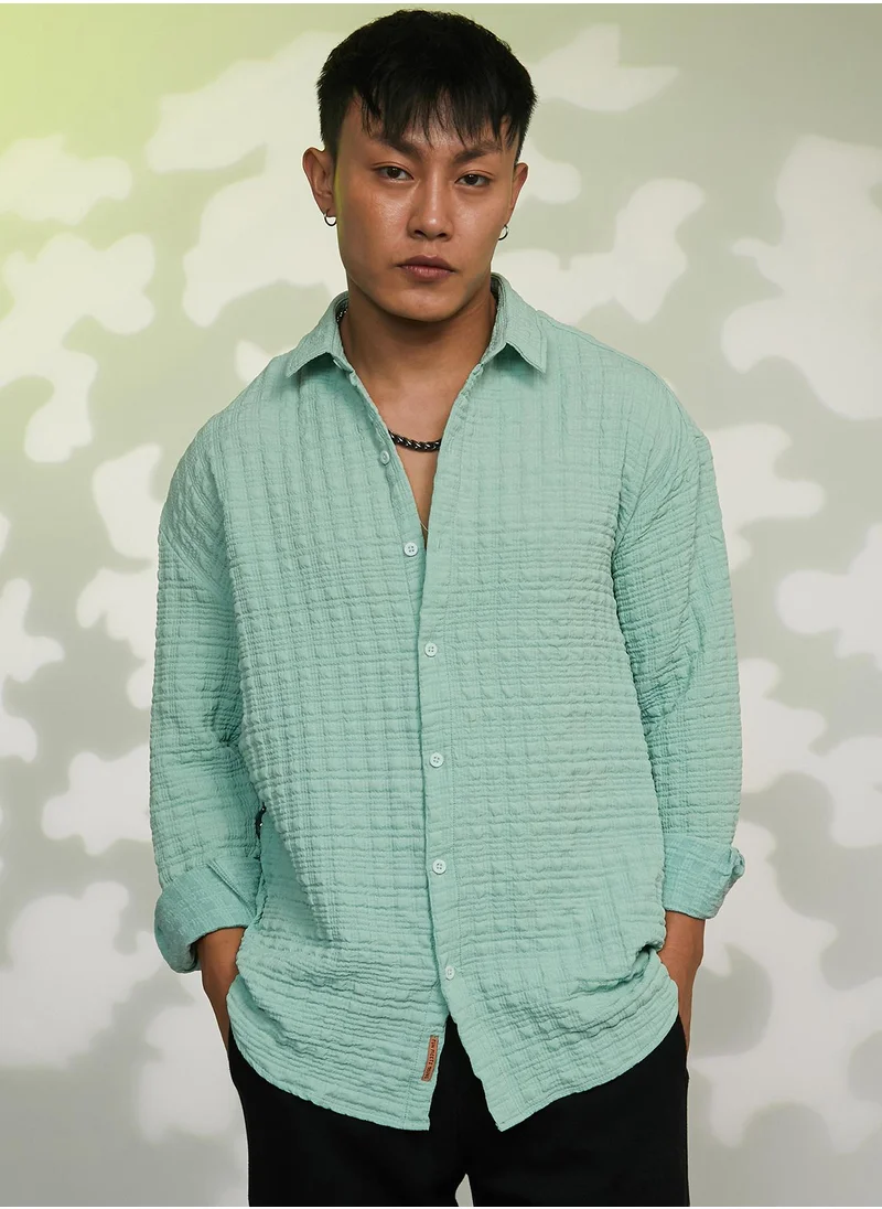 Campus Sutra Men's Mint Green Box-Textured Oversized Shirt