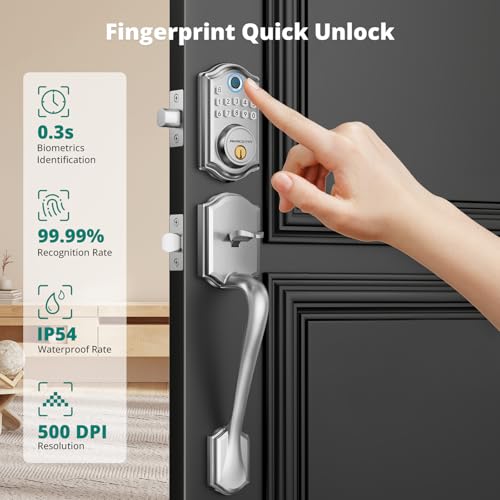 AkaGear Keyless Entry Door Lock with Handle Set, Fingerprint Door Lock, Keypad Deadbolt, Exterior Door Knob Set, Smart Lock for Front Door, Auto-Lock, Code, 2 Keys, Easy Installation, Satin Nickel - Image 2