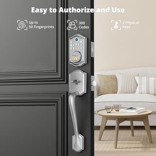 AkaGear Keyless Entry Door Lock with Handle Set, Fingerprint Door Lock, Keypad Deadbolt, Exterior Door Knob Set, Smart Lock for Front Door, Auto-Lock, Code, 2 Keys, Easy Installation, Satin Nickel - Image 3