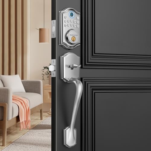 AkaGear Keyless Entry Door Lock with Handle Set, Fingerprint Door Lock, Keypad Deadbolt, Exterior Door Knob Set, Smart Lock for Front Door, Auto-Lock, Code, 2 Keys, Easy Installation, Satin Nickel - Image 1