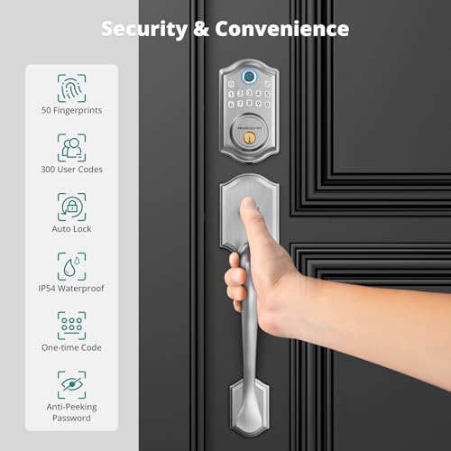 AkaGear Keyless Entry Door Lock with Handle Set, Fingerprint Door Lock, Keypad Deadbolt, Exterior Door Knob Set, Smart Lock for Front Door, Auto-Lock, Code, 2 Keys, Easy Installation, Satin Nickel - Image 4