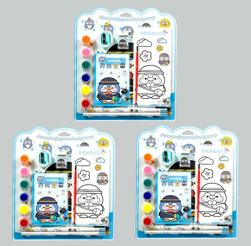 Tresneria Kids Art & Stationery Set with Watercolors, Sketch Pad, Notebook, Pencils, Sharpener & Eraser (Penguin, 3) - Image 1