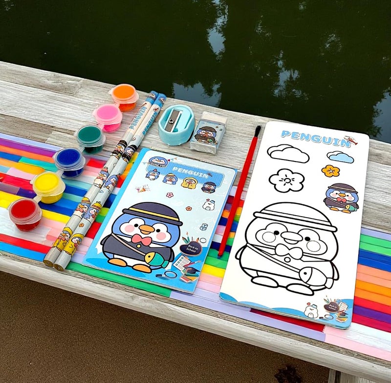 Tresneria Kids Art & Stationery Set with Watercolors, Sketch Pad, Notebook, Pencils, Sharpener & Eraser (Penguin, 3) - Image 4
