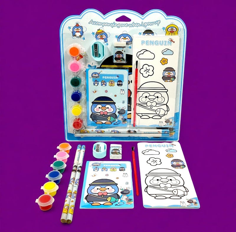 Tresneria Kids Art & Stationery Set with Watercolors, Sketch Pad, Notebook, Pencils, Sharpener & Eraser (Penguin, 3) - Image 5