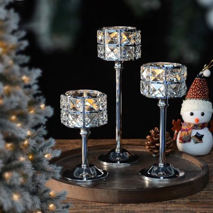 kehail Crystal Metal Candle Holder, Square Crystal Beads Bling Tea Light Candlestick, Tall Votive Candelabra Elegant Centerpiece for Table Wedding Decoration, Home Decor (Silver, Set of 3) - Image 1