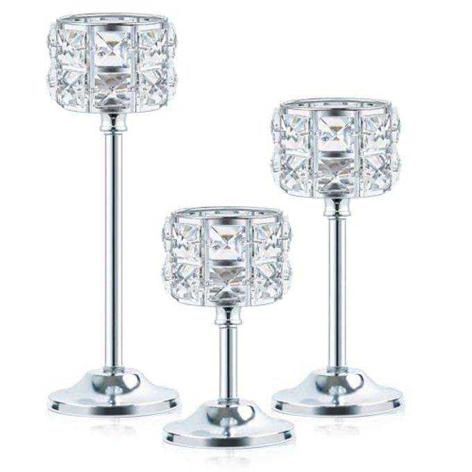 kehail Crystal Metal Candle Holder, Square Crystal Beads Bling Tea Light Candlestick, Tall Votive Candelabra Elegant Centerpiece for Table Wedding Decoration, Home Decor (Silver, Set of 3) - Image 5
